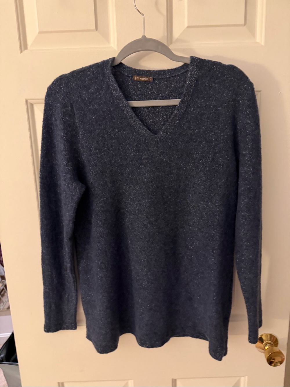 J McLaughlin Navy Blue Metallic Merino Wool V-Neck Sweater L